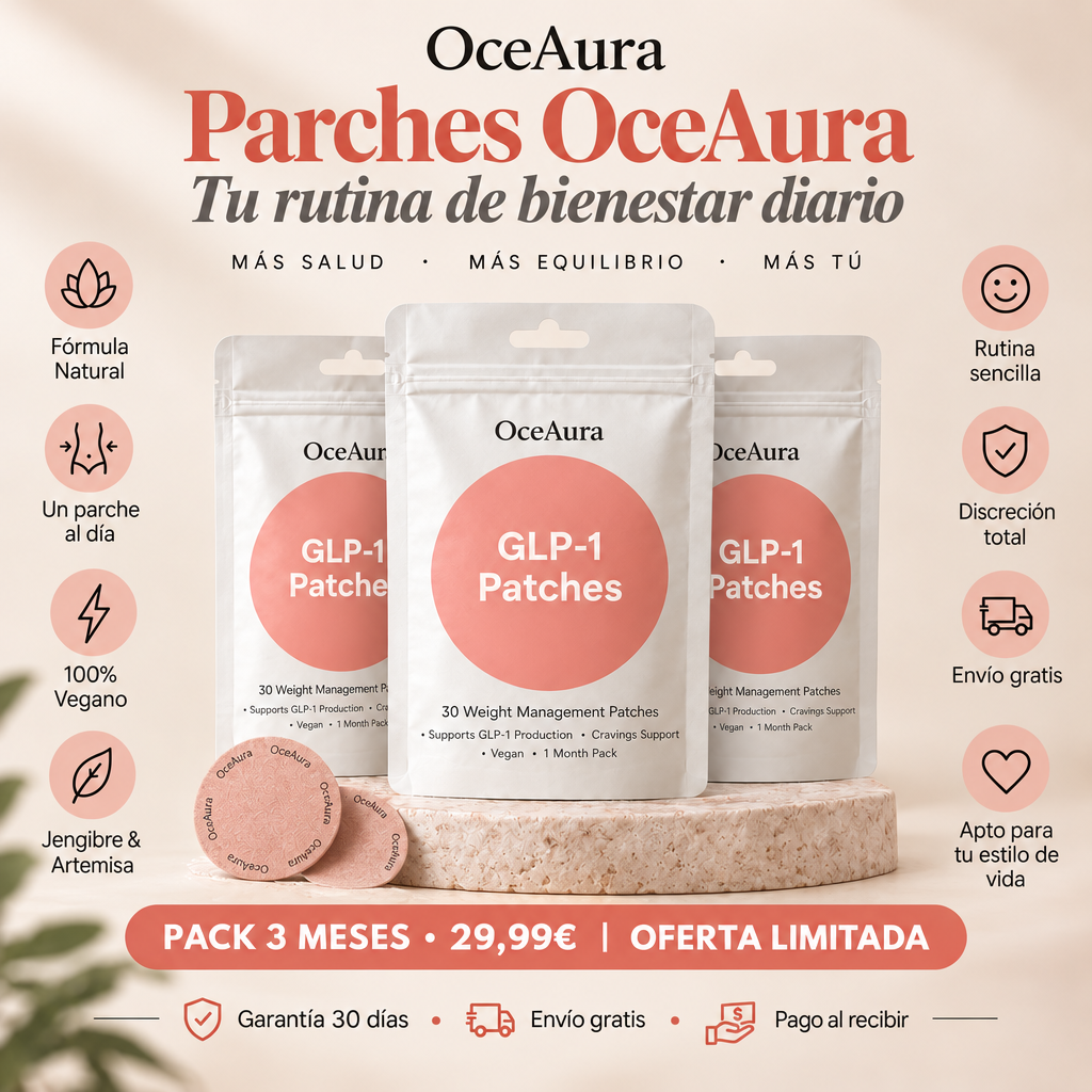 Infografía de producto Parches OceAura: tres packs en pedestal, iconos de beneficios, pack 3 meses 29,99€ (imagen ilustrativa creada con IA)