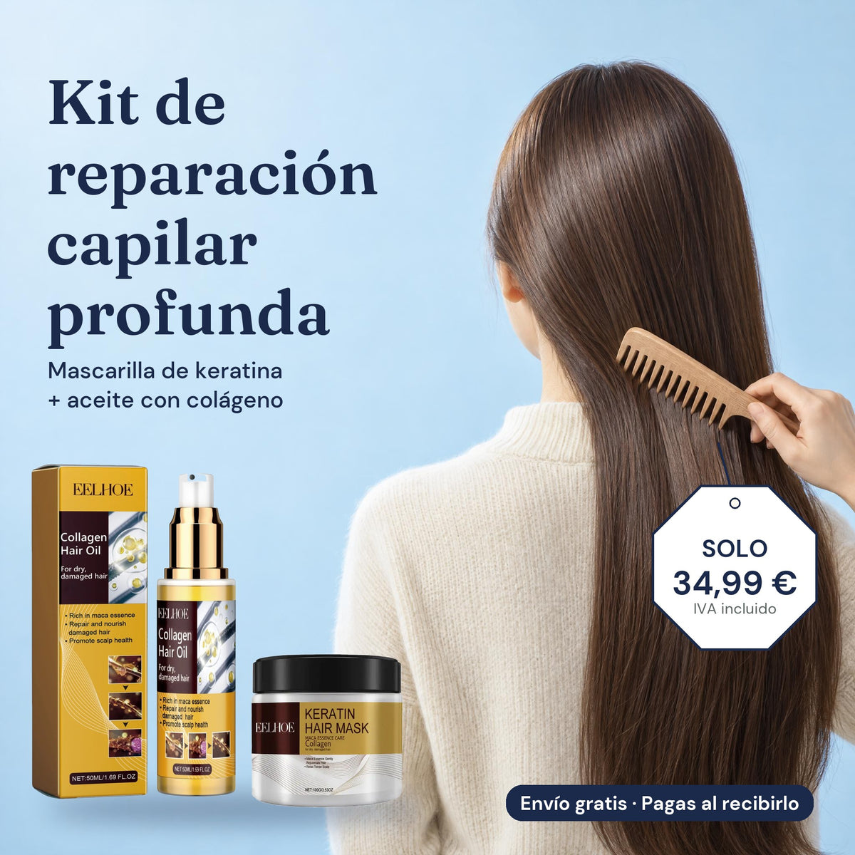 Kit de reparación capilar profunda: mascarilla de keratina + aceite con colágeno, solo 34,99 € IVA incluido. Envío gratis y pagas al recibirlo. Una mujer de espaldas se peina el pelo largo y liso con un peine de madera (imagen ilustrativa creada con IA)
