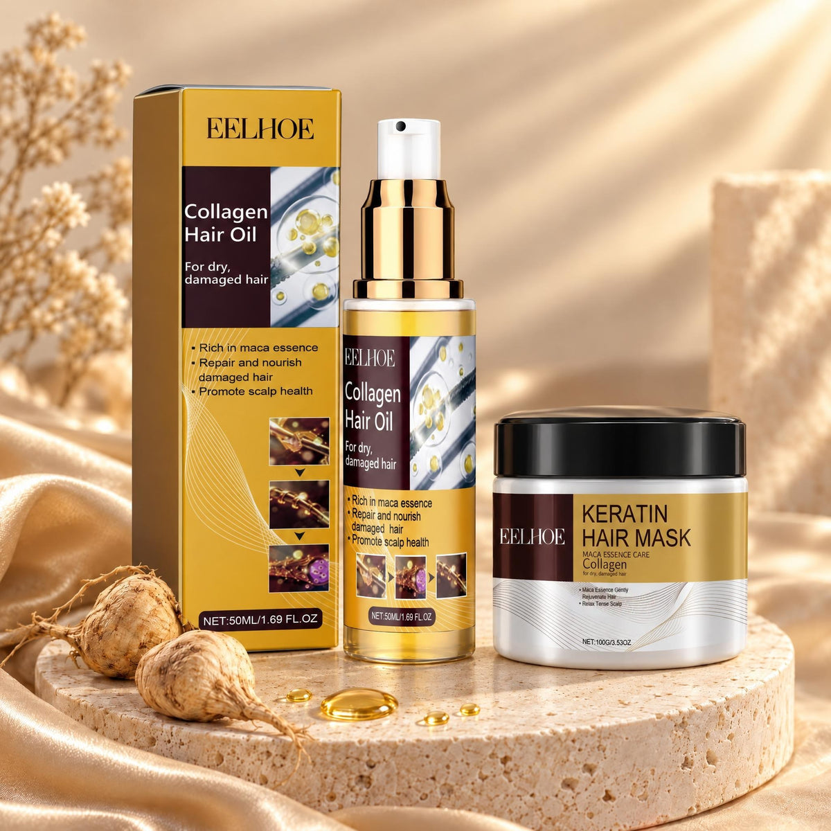 El kit de reparación capilar: la caja amarilla y el bote de 50 ml del aceite con colágeno y el tarro de 100 g de la mascarilla de keratina, juntos sobre un pedestal de piedra con raíces de maca y gotas de aceite (imagen ilustrativa creada con IA)