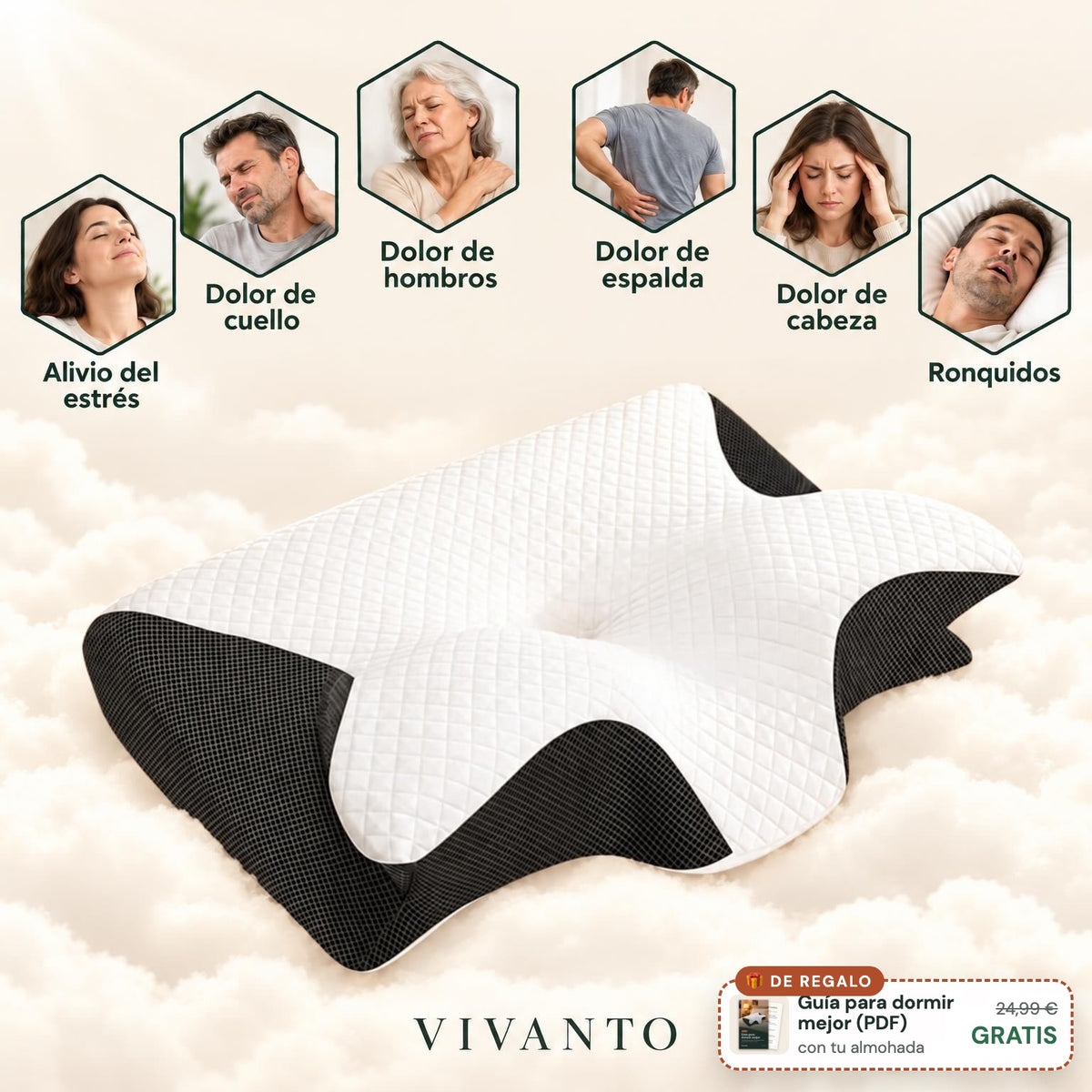 Almohada cervical ergonómica sobre nubes: alivio del estrés, dolor de cuello, dolor de hombros, dolor de espalda, dolor de cabeza y ronquidos. De regalo: Guía para dormir mejor (PDF), 24,99 €, gratis con tu almohada