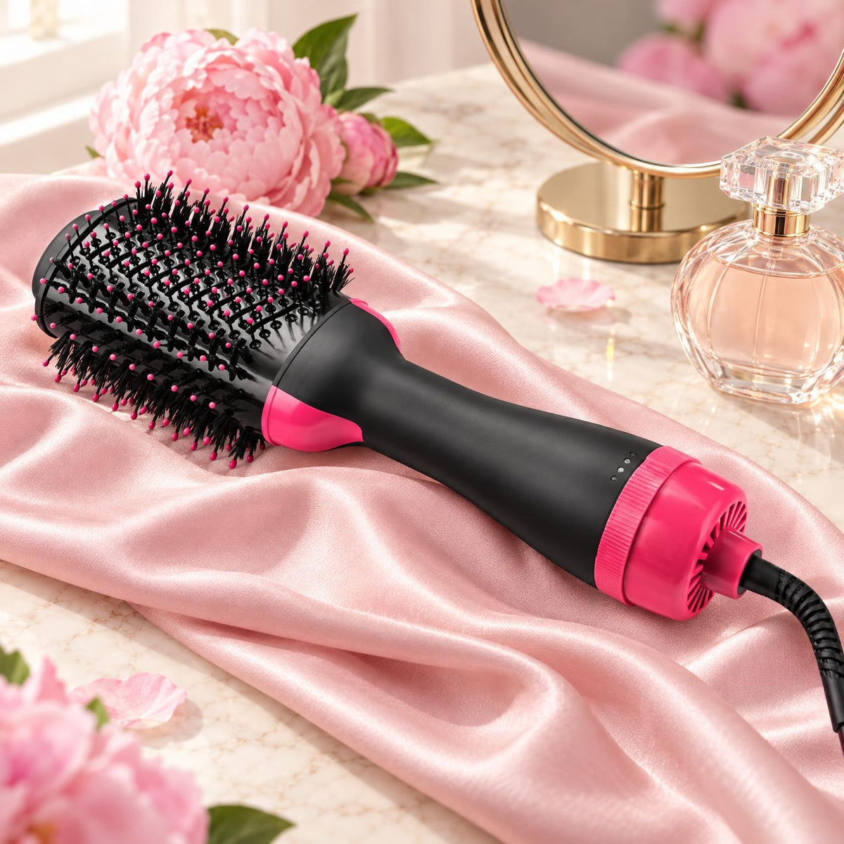 El cepillo secador sobre un tocador con tela rosa y flores (imagen ilustrativa creada con IA)