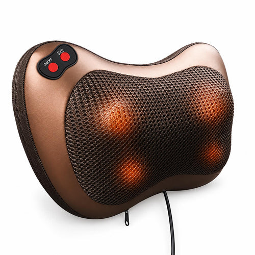 Cojín de masaje shiatsu de color cobre con dos botones rojos y la malla iluminada por el calor de los cabezales, sobre fondo blanco