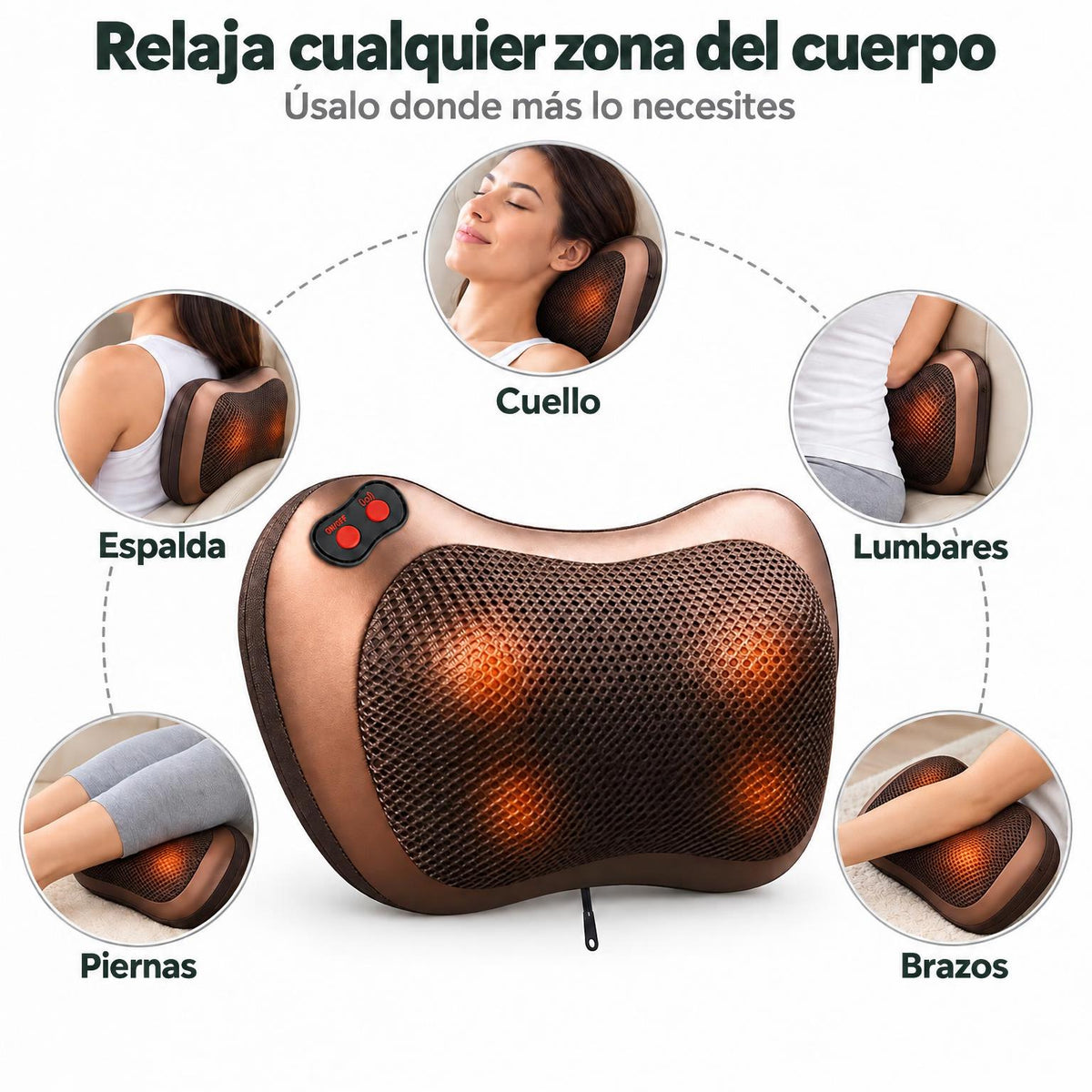 Relaja cualquier zona del cuerpo: el cojín de masaje en el cuello, la espalda, las lumbares, las piernas y los brazos