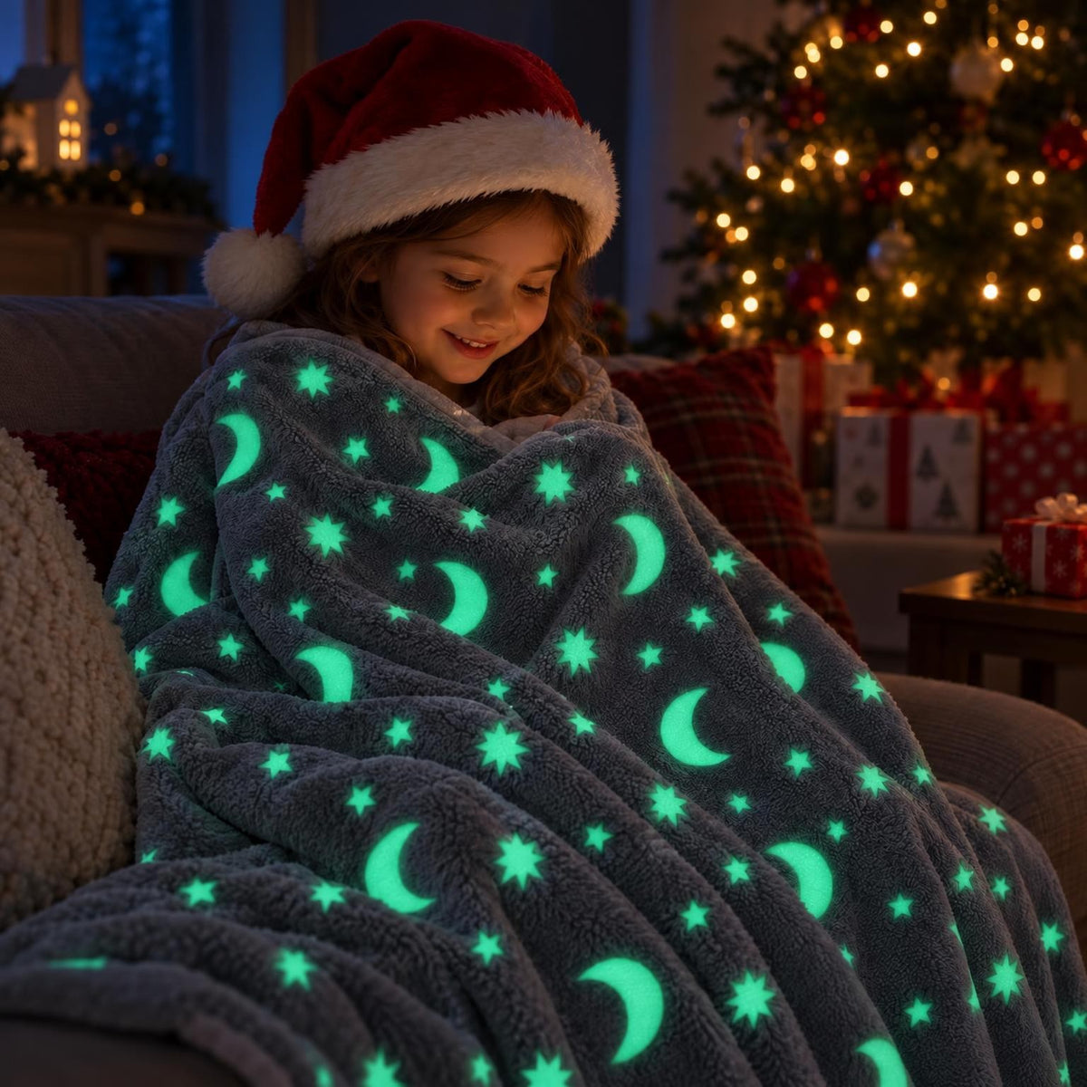 Una niña con gorro de Papá Noel, tapada con la manta en el sofá en Nochebuena: sus lunas y estrellas brillan a oscuras (imagen ilustrativa creada con IA)