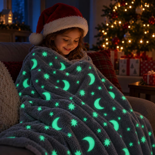 Una niña con gorro de Papá Noel, tapada con la manta en el sofá en Nochebuena: sus lunas y estrellas brillan a oscuras (imagen ilustrativa creada con IA)