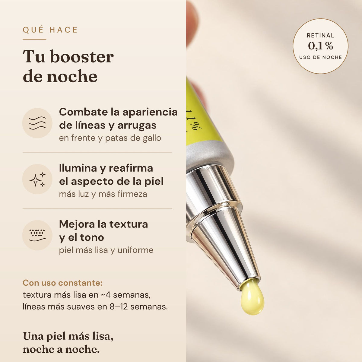 Qué hace: combate la apariencia de líneas y arrugas en frente y patas de gallo; ilumina y reafirma el aspecto de la piel; mejora la textura y el tono. Con uso constante: textura más lisa en unas 4 semanas y líneas más suaves en 8–12 semanas. Retinal 0,1 %, uso de noche (imagen ilustrativa creada con IA)